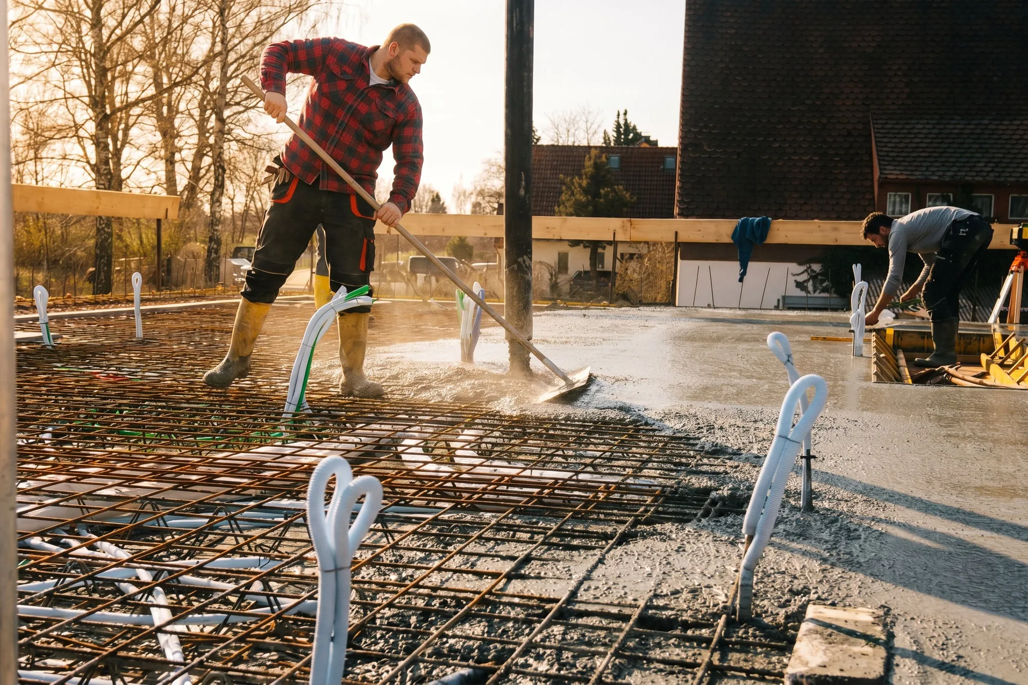 Max Fichtel und sein junges Team bei den Betonarbeiten auf der Baustelle