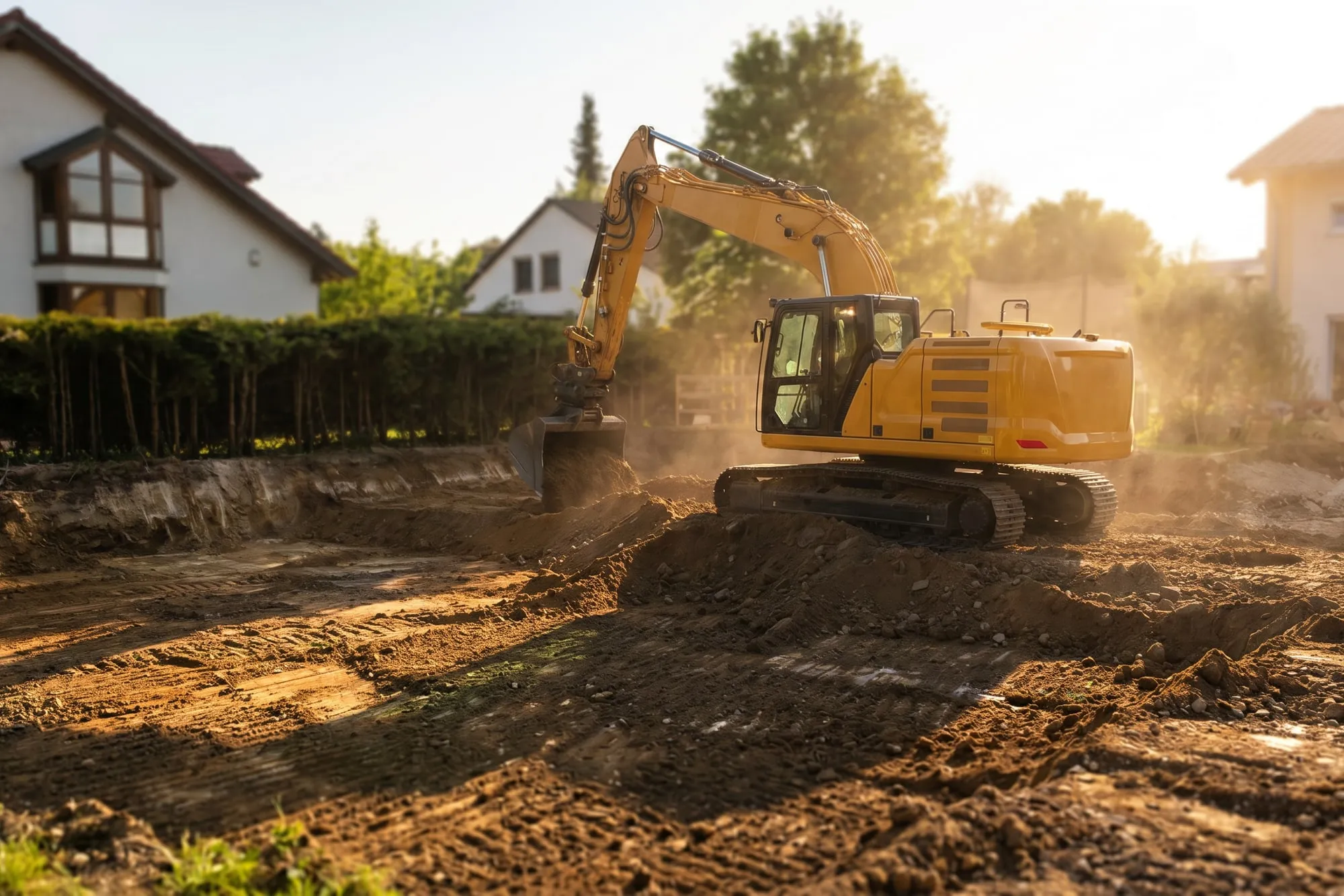 Gelber Bagger beim Baugrubenaushub - Erdarbeiten von Max Fichtel Bau