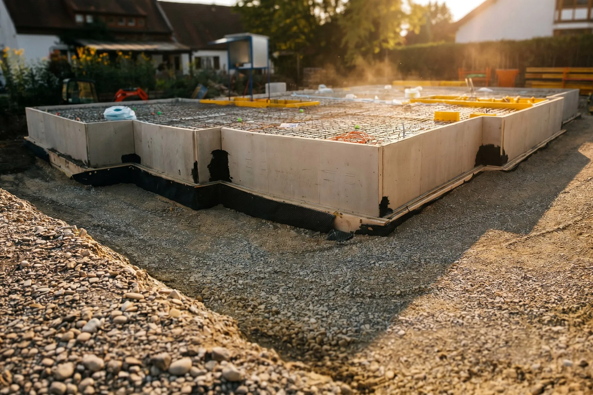Vorbereiteter Baugrund mit Fundamentbereich